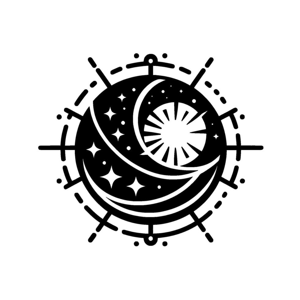 Celestial Emblem Circular, Black White Illustration of Moon, Stars, and Sun, Surrounded by Decorative Geometric Elements. vector