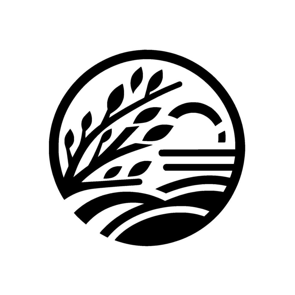 Stylized monochrome emblem a circular featuring a branch with leaves, curved lines suggesting terrain and a horizon. A modern, minimalist aesthetic. vector