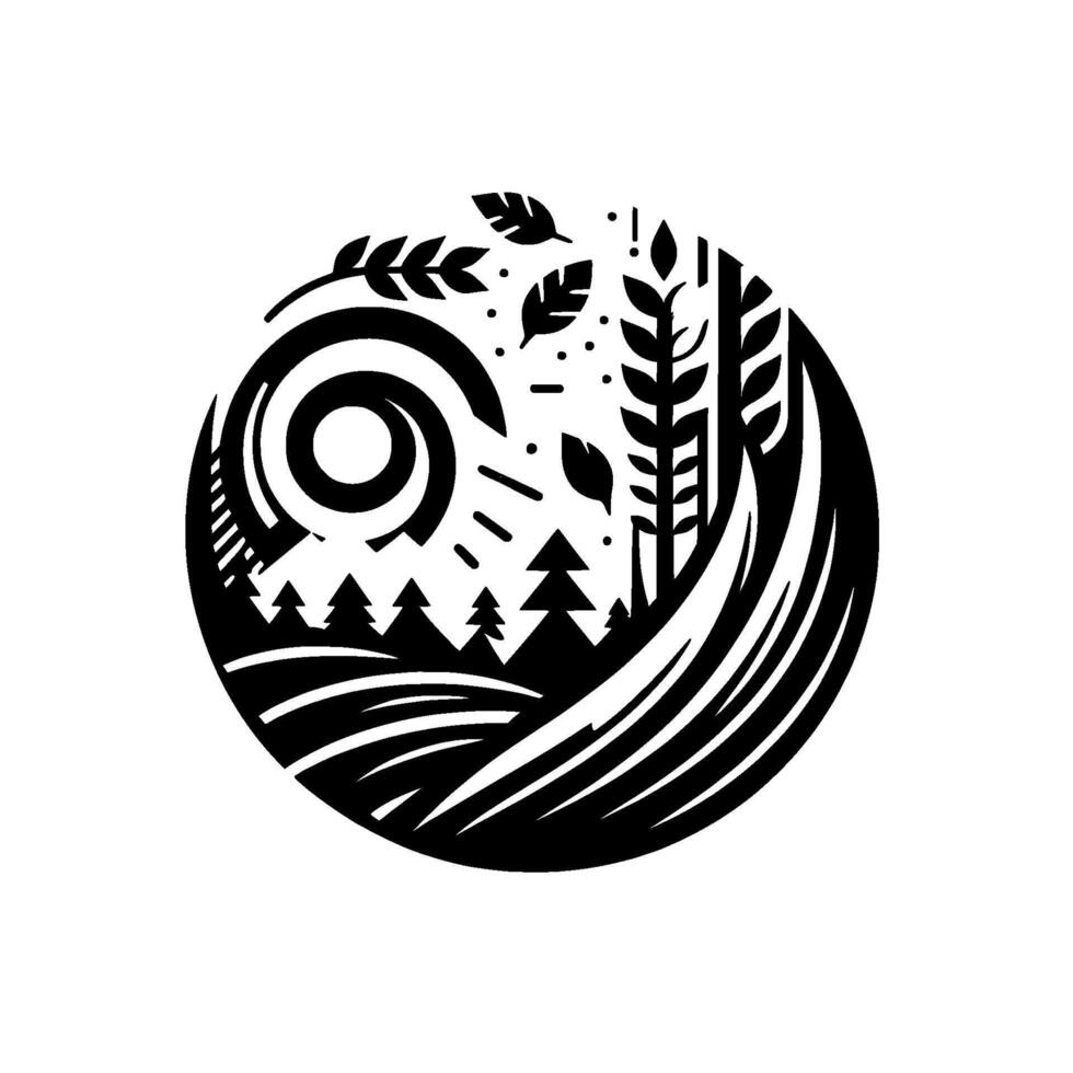 A minimalist black and white naturethemed circular emblem featuring stylized trees, leaves, fields, and abstract spiral elements. vector