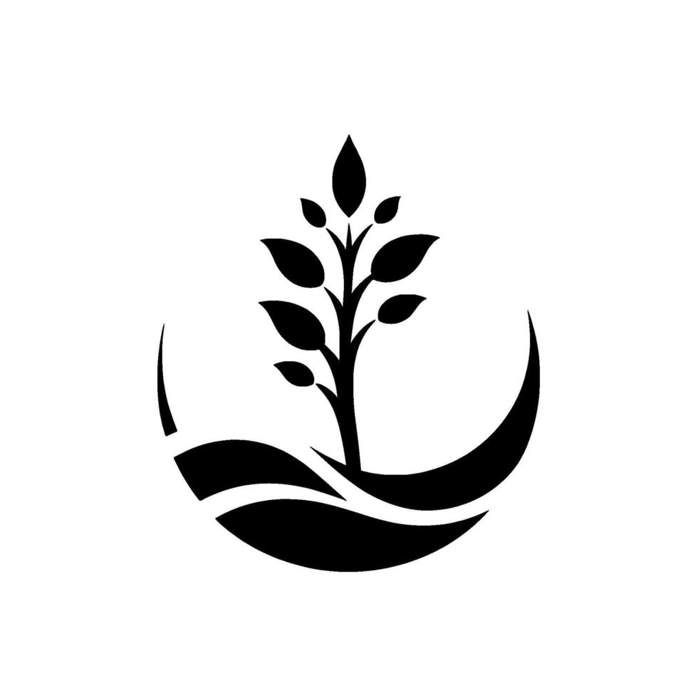 A stylized, monochromatic featuring a silhouetted tree with leaves, cradled within a circular, organic form, evoking growth and nature. vector