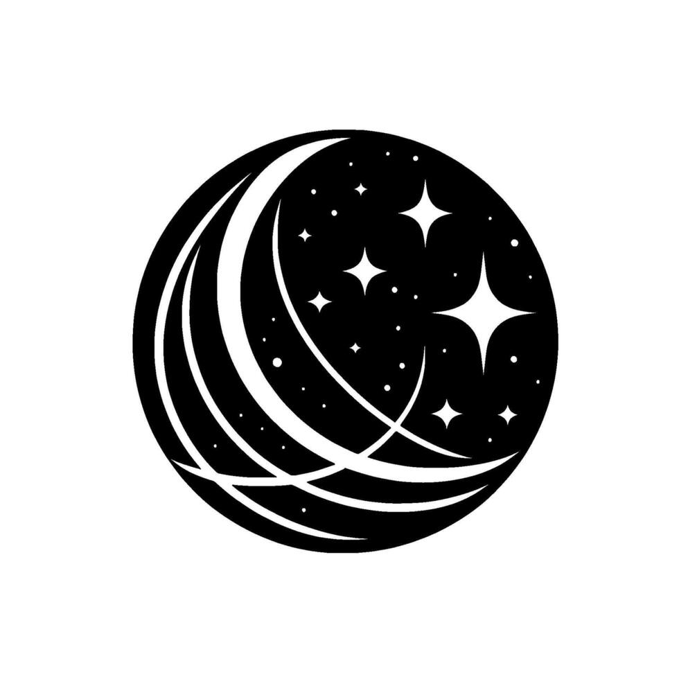 Black and white circular featuring stylized crescent and concentric lines encircling a starry cosmos. vector