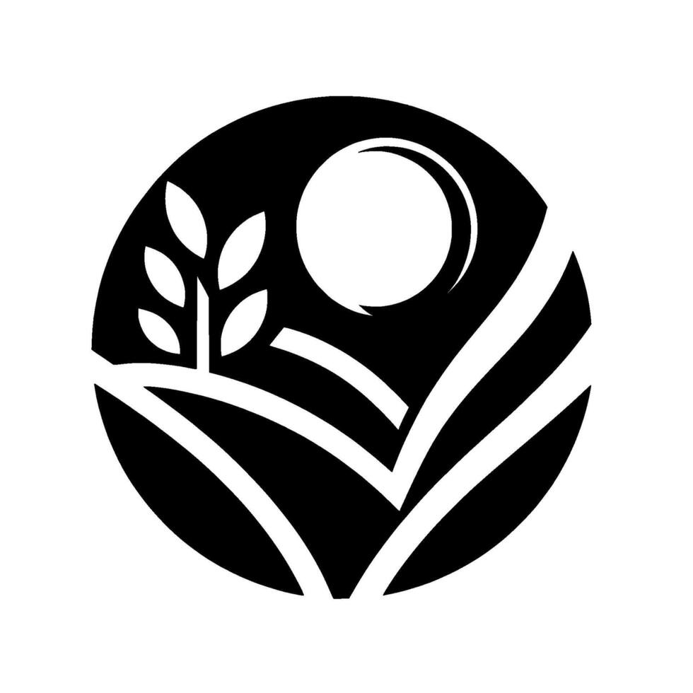 Black and White Circular A stylised illustration featuring wheat, rolling hills, and sun, evoking nature and agriculture within a minimalist . vector