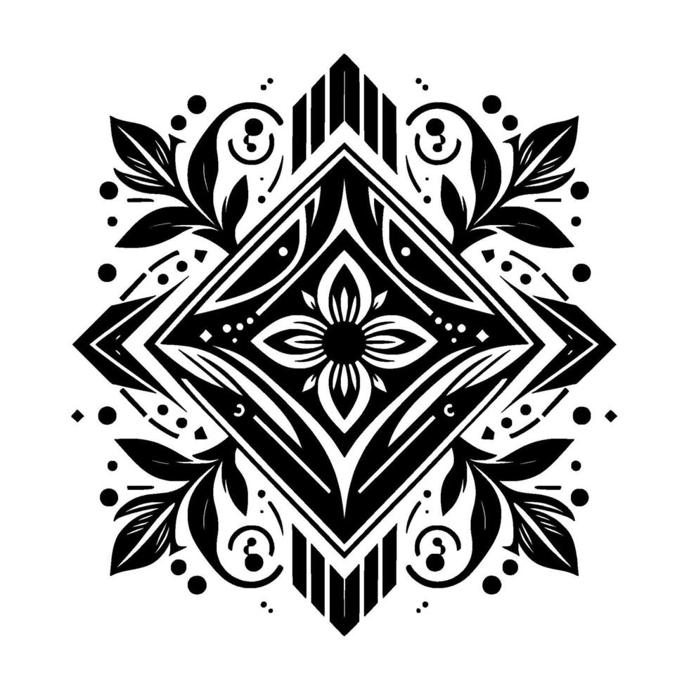 Symmetrical black and white ornamental featuring diamond pattern, floral elements, leaves, and geometric details on a white background. vector