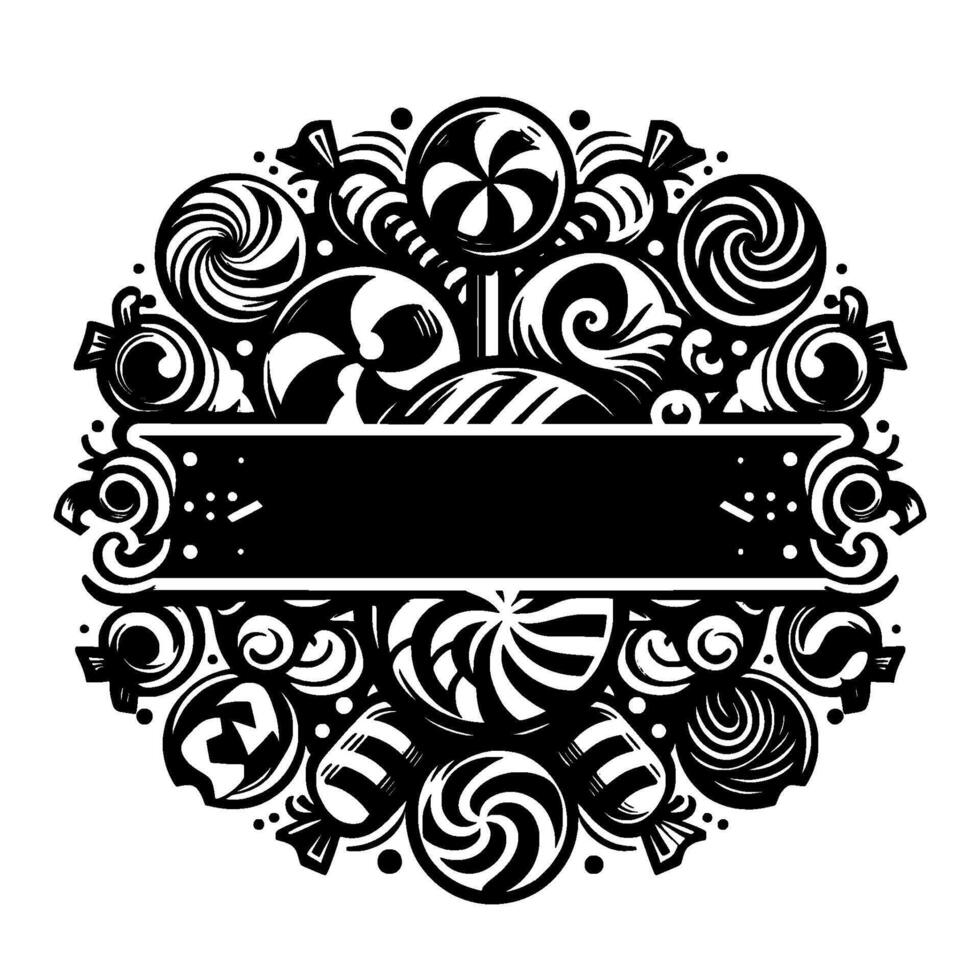 Intricate Monochrome Candy Collage with a Blank Banner. Featuring Lollipops, Swirls, and Various Candies, forming an ornate, decorative oval , ready for text placement. vector