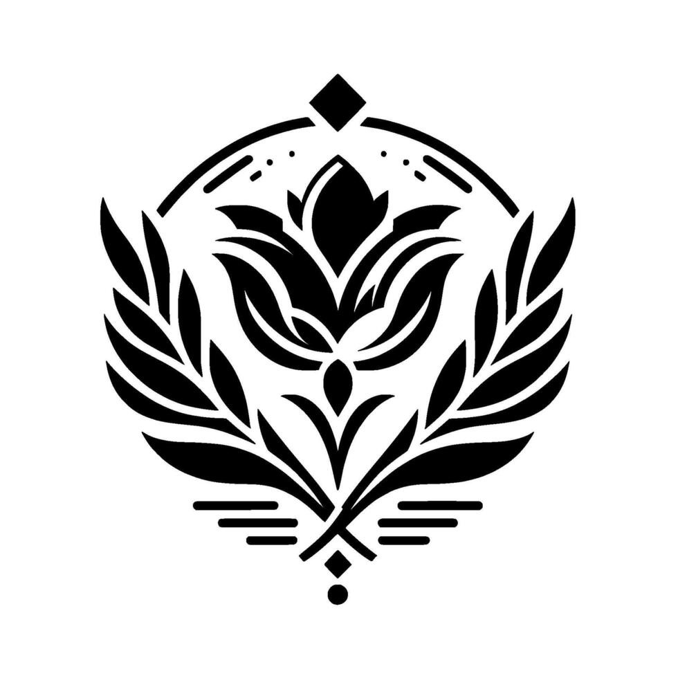Stylized Black Floral Emblem A Symmetrical Composition of Blossoms, Leaves, and Geometric Accents on a White Background. vector
