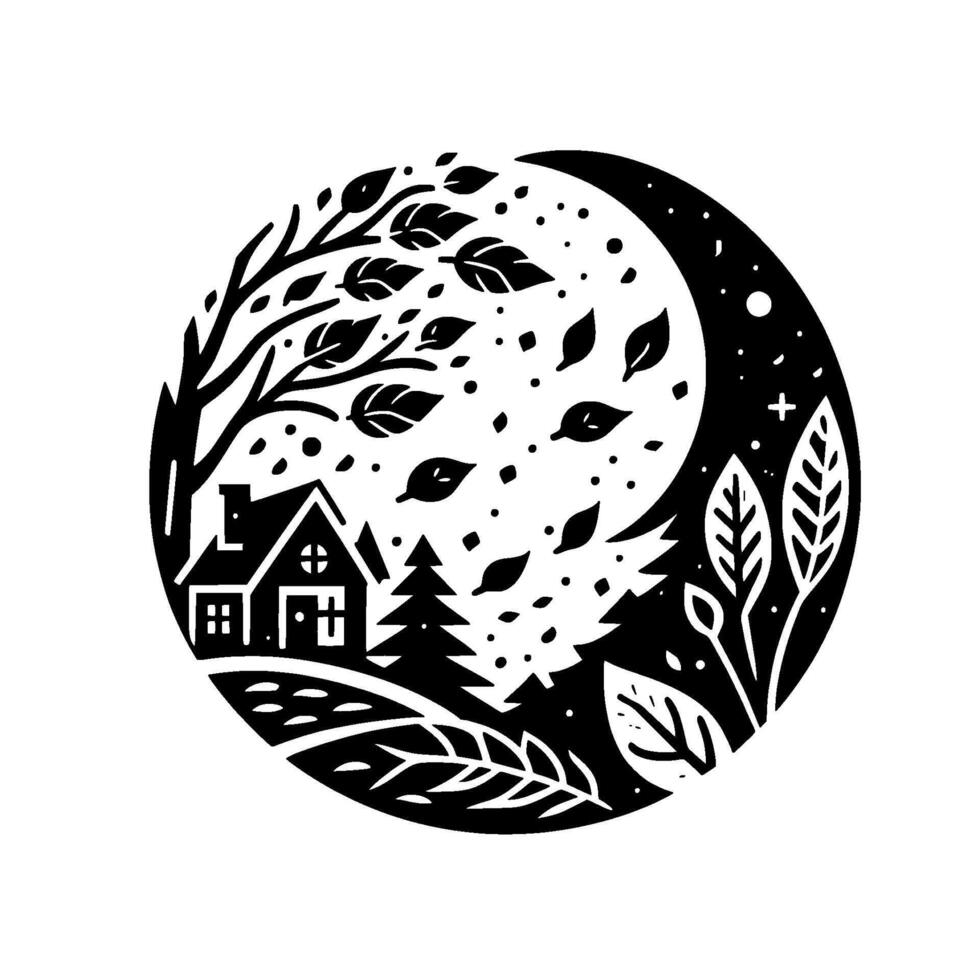 A circular black and white illustration of a cozy house nestled in a landscape with trees, falling leaves, a crescent moon, and a starry night sky. vector