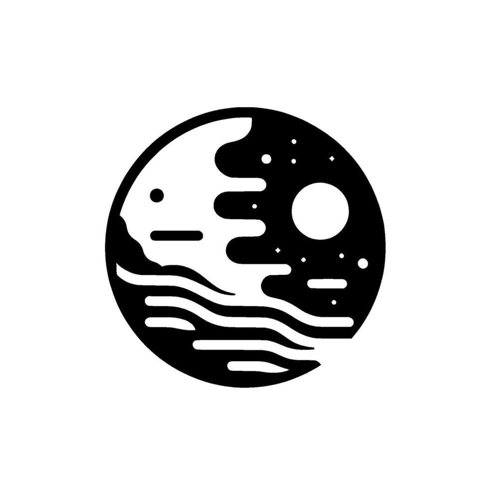 Stylized black and white circular illustration depicts a landscape with ocean waves, mountainous terrain, a celestial body and stars. vector