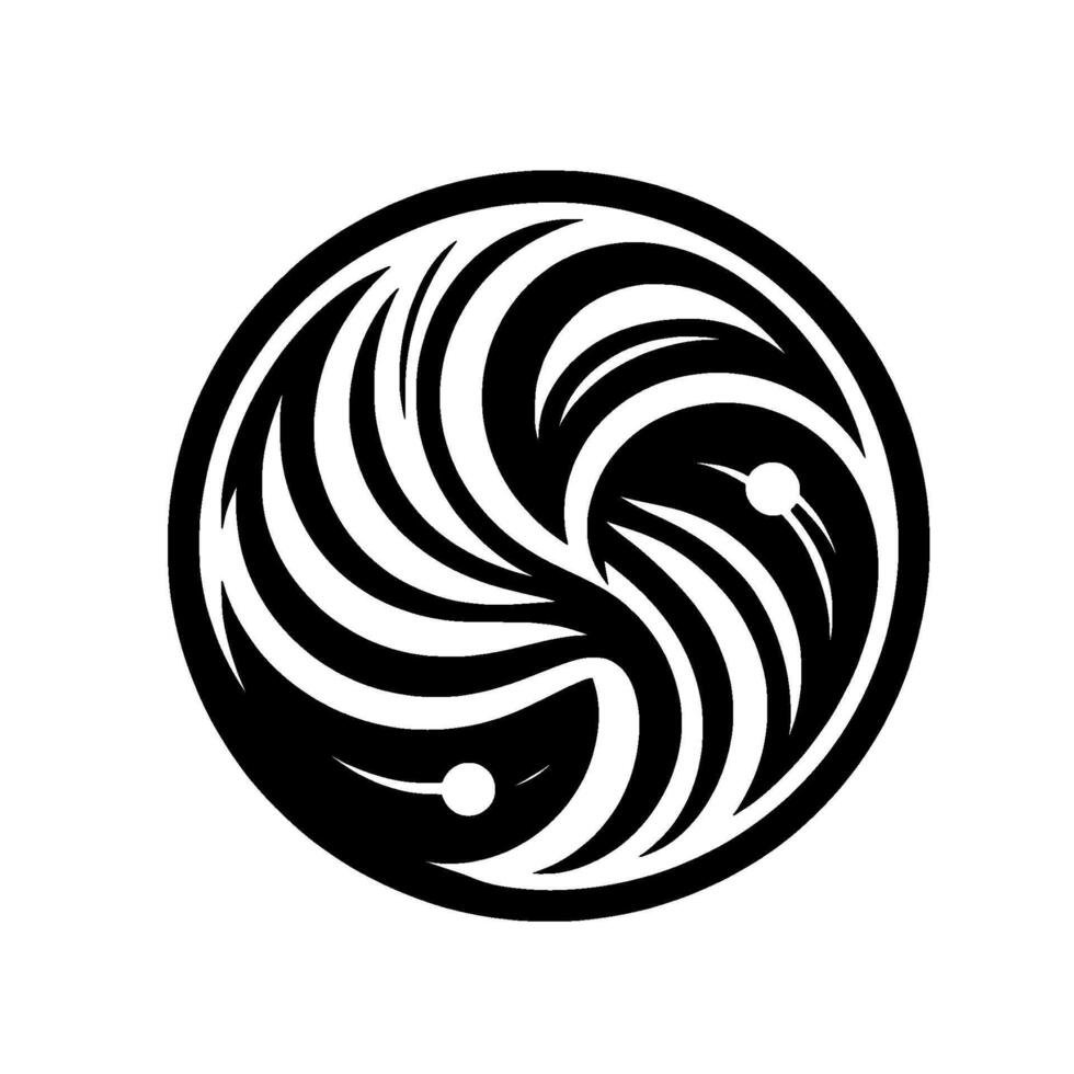 A black and white circular featuring stylized, curved shapes reminiscent of a flowing symbol, with white highlights and dot accents, centered on a stark white background. vector