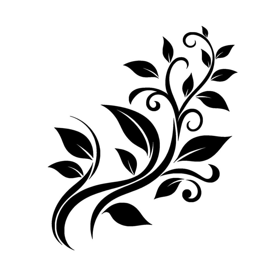 Elegant black vine illustration with swirling tendrils and detailed leaves, set against a clean white backdrop, minimalist . vector