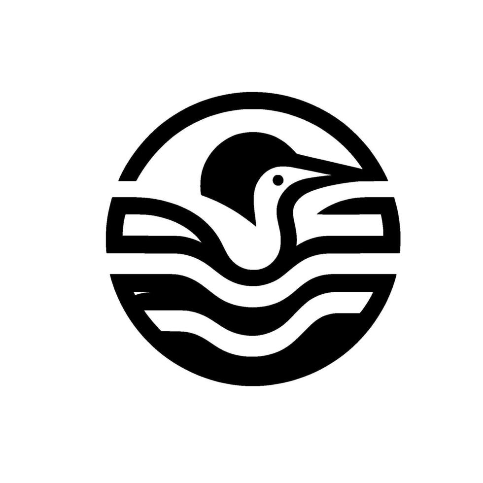 A minimalist black and white featuring a stylized loon swimming on water within a circular frame. vector