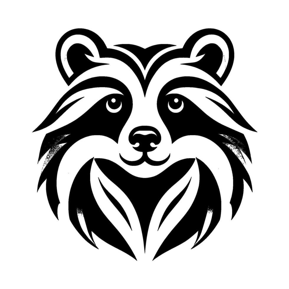 A symmetrical, stylized illustration of a raccoons head, featuring bold black, white, and gray geometric shapes to create a clean and modern . vector
