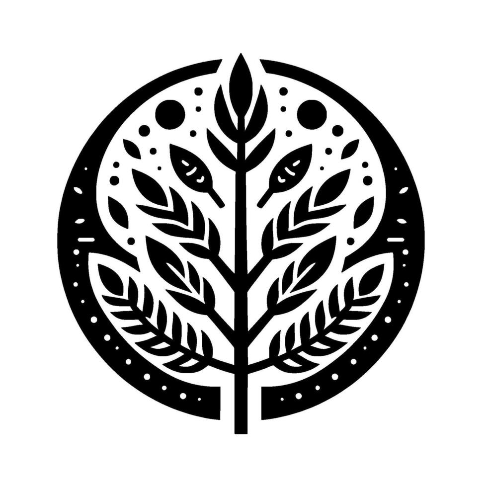 Minimalist Black and White Nature Illustration Stylized Tree with Leaves and Dots within a Circular Frame. vector