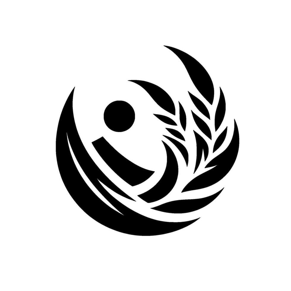 A stylized black and white emblem, depicting a circular with curved elements, a central dot, and wheatlike embellishments suggestive of growth and unity. vector