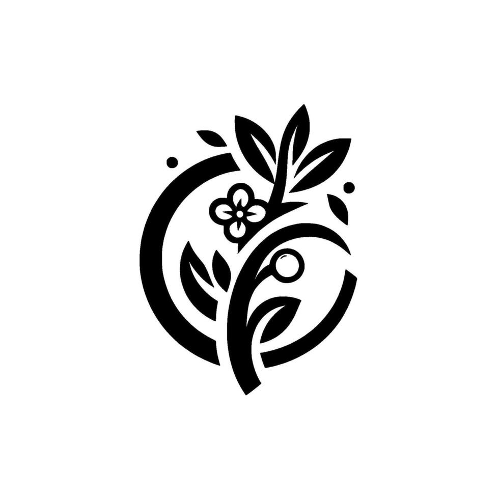 Minimalist Black and White Floral Emblem Featuring Leaves, Blossoms, and Organic Curved Lines within a Decorative Circular Composition. vector