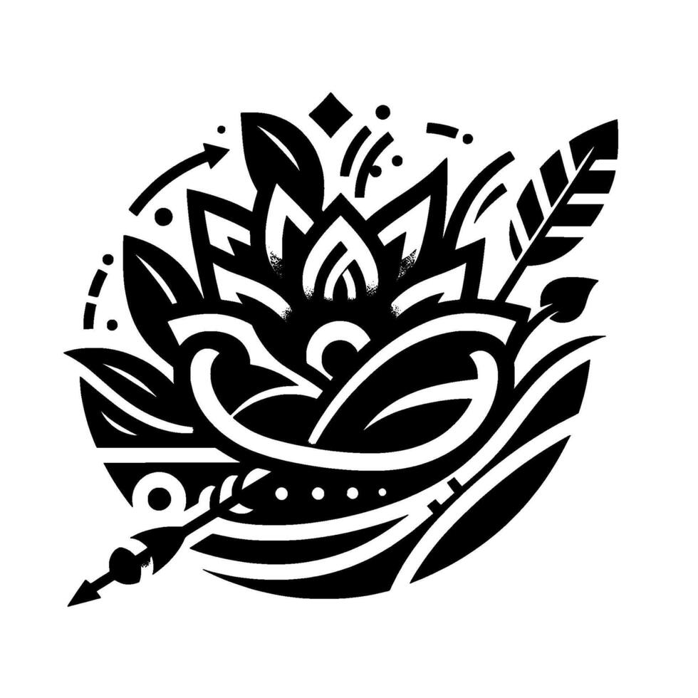 Intricate Black and White Mandala Featuring Lotus, Arrow, Feather, and Geometric Elements within a Circular Composition. vector