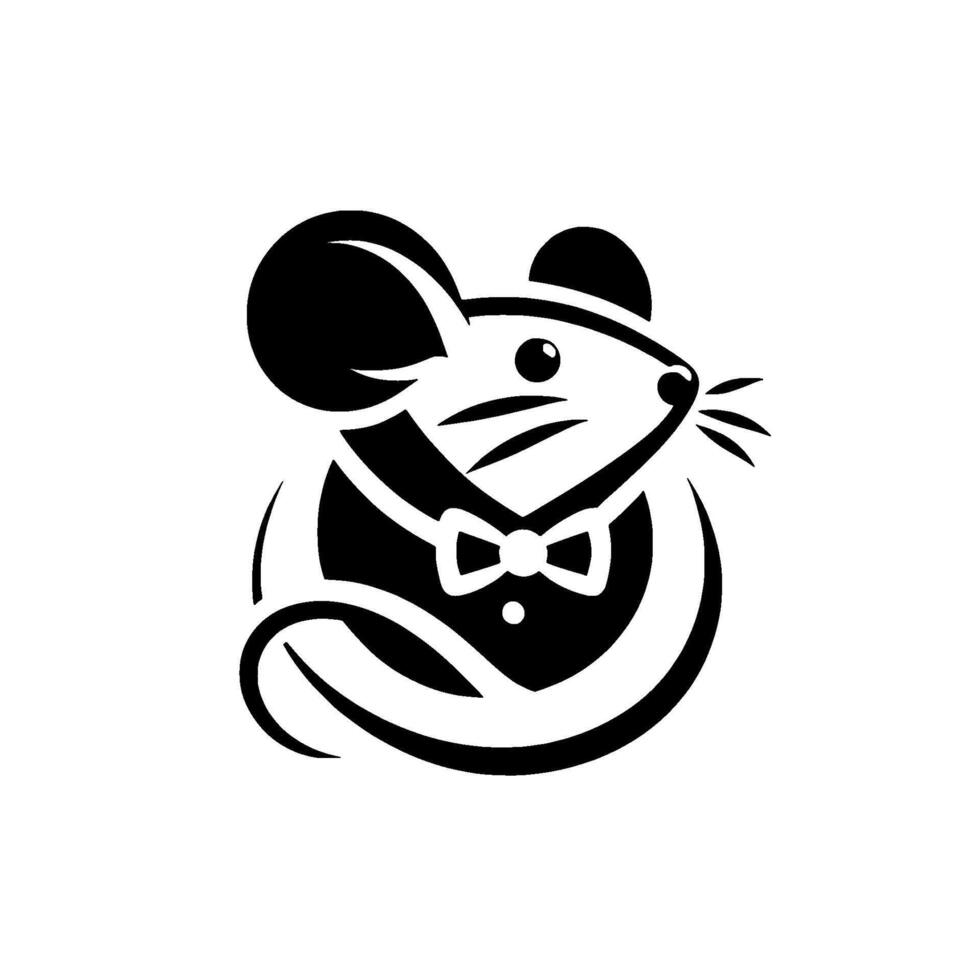 A sophisticated monochrome illustration of a dapper mouse, attired in a tuxedo and bow tie, exuding charm and elegance against a pristine white backdrop. vector