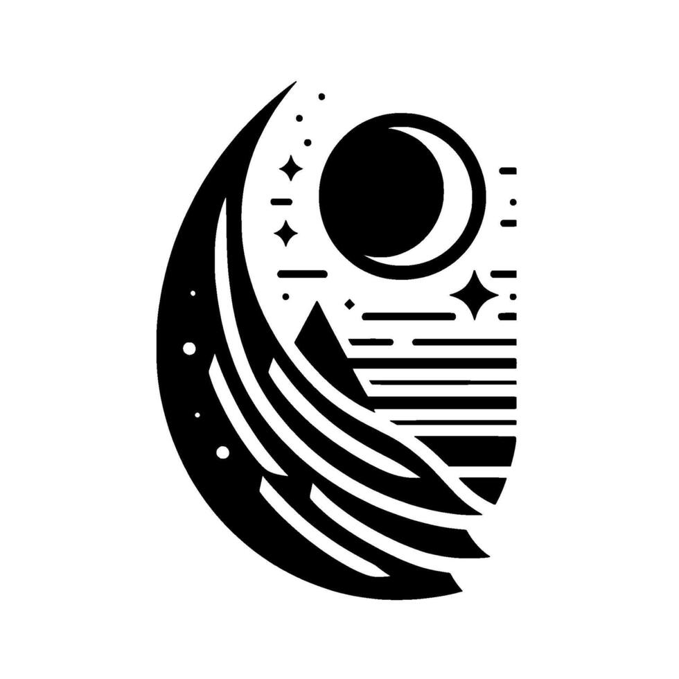 Minimalist Black and White Geometric A Crescent Moon Over a Mountain, Stars, and Abstract Shapes, Composed within a Curvilinear Frame vector