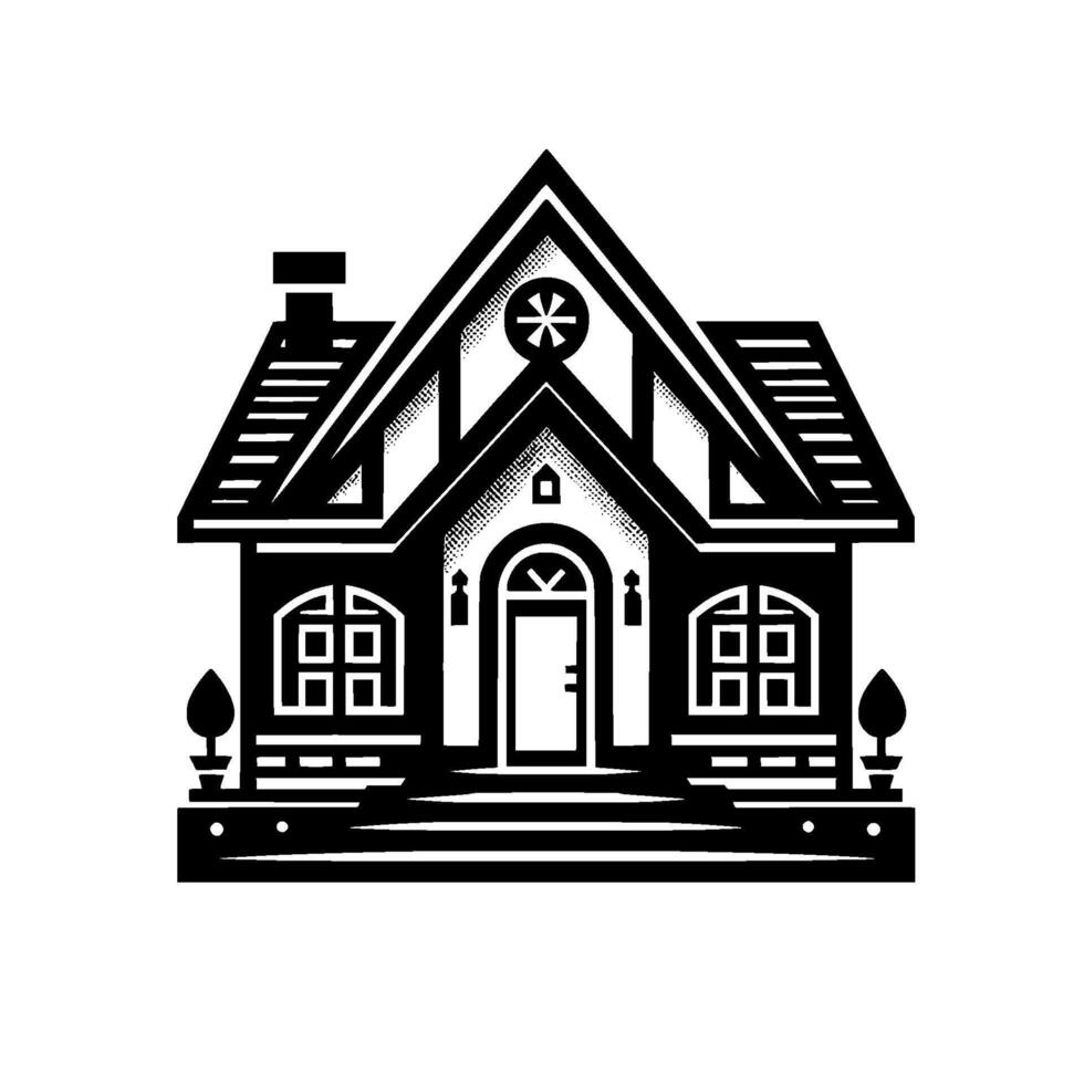 Elegant Black and White Illustration of a Classic House, Featuring Detailed Architectural and Geometric Roof Elements. vector