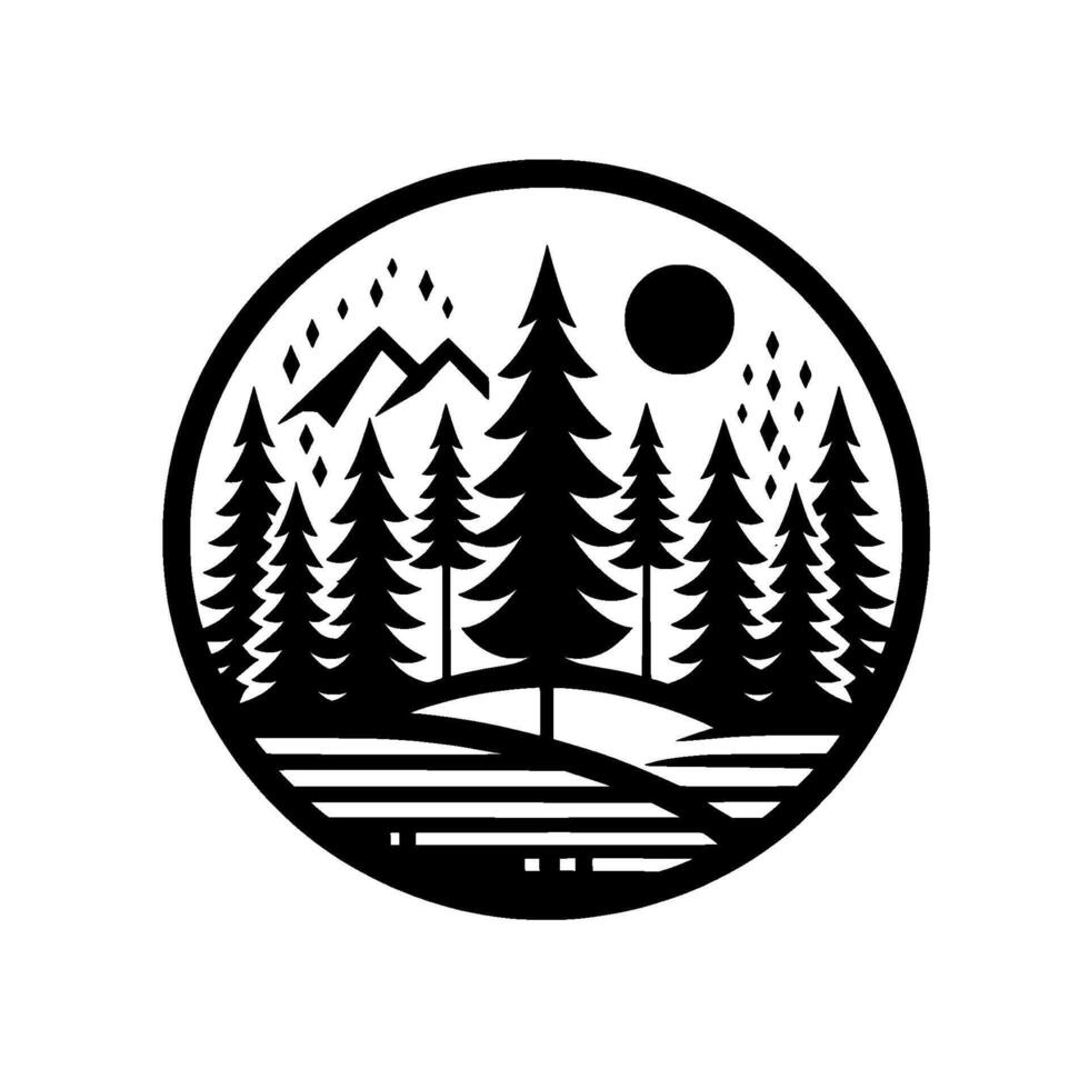 Monochromatic Circle Silhouetted forest, mountains, and moon, depicting a nature scene. vector