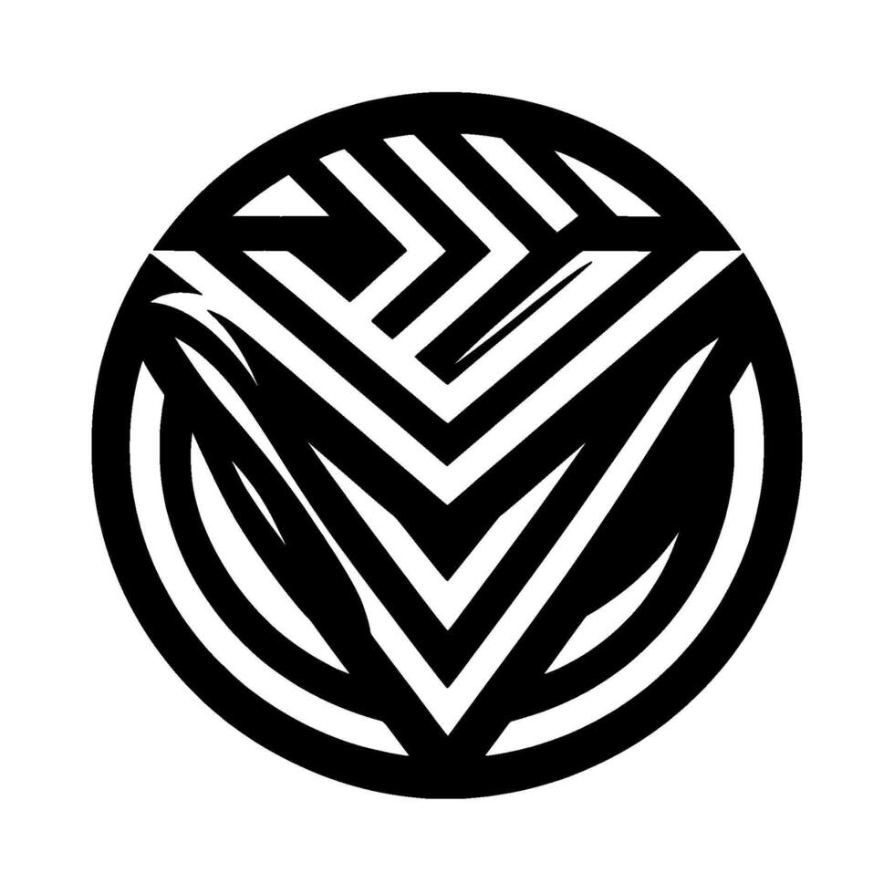 A symmetrical, geometric black and white of a stylized, intricate within a circular border. vector