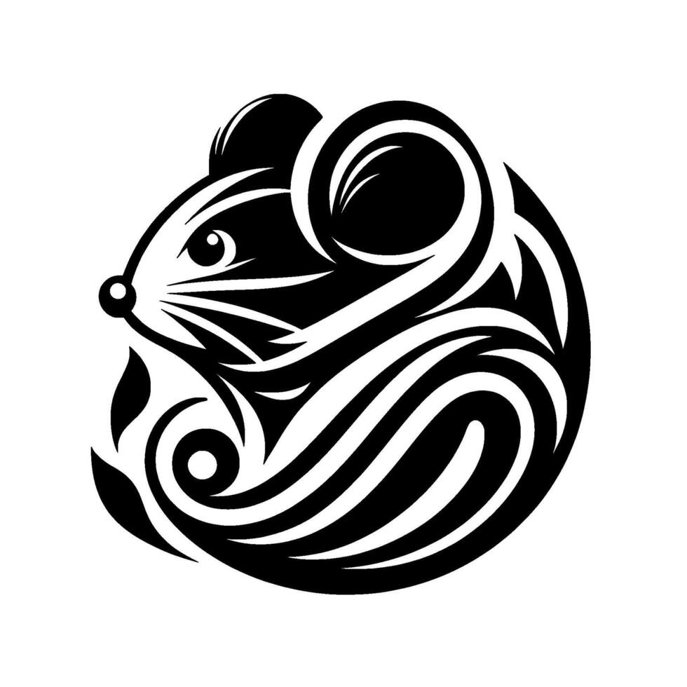 Stylized Black and White Mouse with Swirls and Curved Lines, Modern on White Background. vector