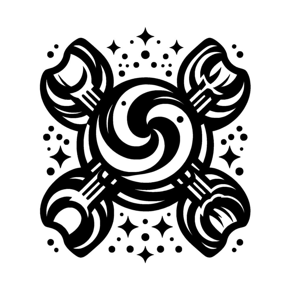 A stylized black and white illustration of a symmetrical lollipop with swirl center, four petallike components, and star and dot embellishments against a white background. vector