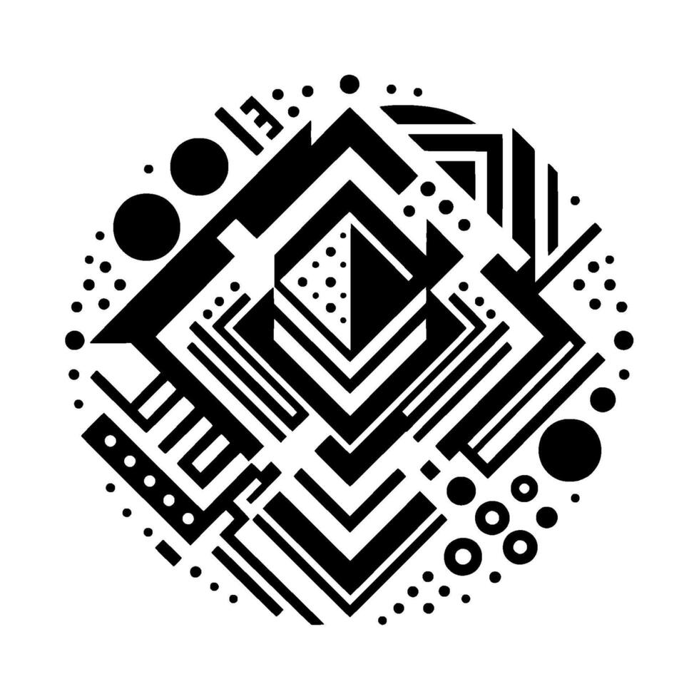 Geometric Black and White Abstract Composition A Circular of Shapes, Lines, and Dots. vector