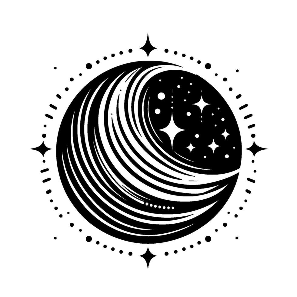 Celestial Crescent A minimalist black and white illustration depicts a crescent moon integrated with waves, accented by stars, dots, and compass points. vector
