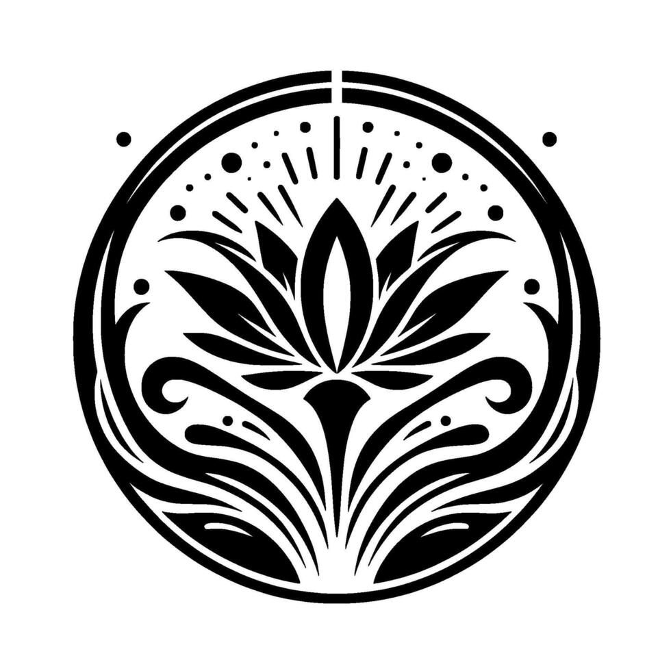 Circular black and white minimalist floral emblem featuring a symmetrical lotus flower within a stylized circular frame, evoking elegance. vector