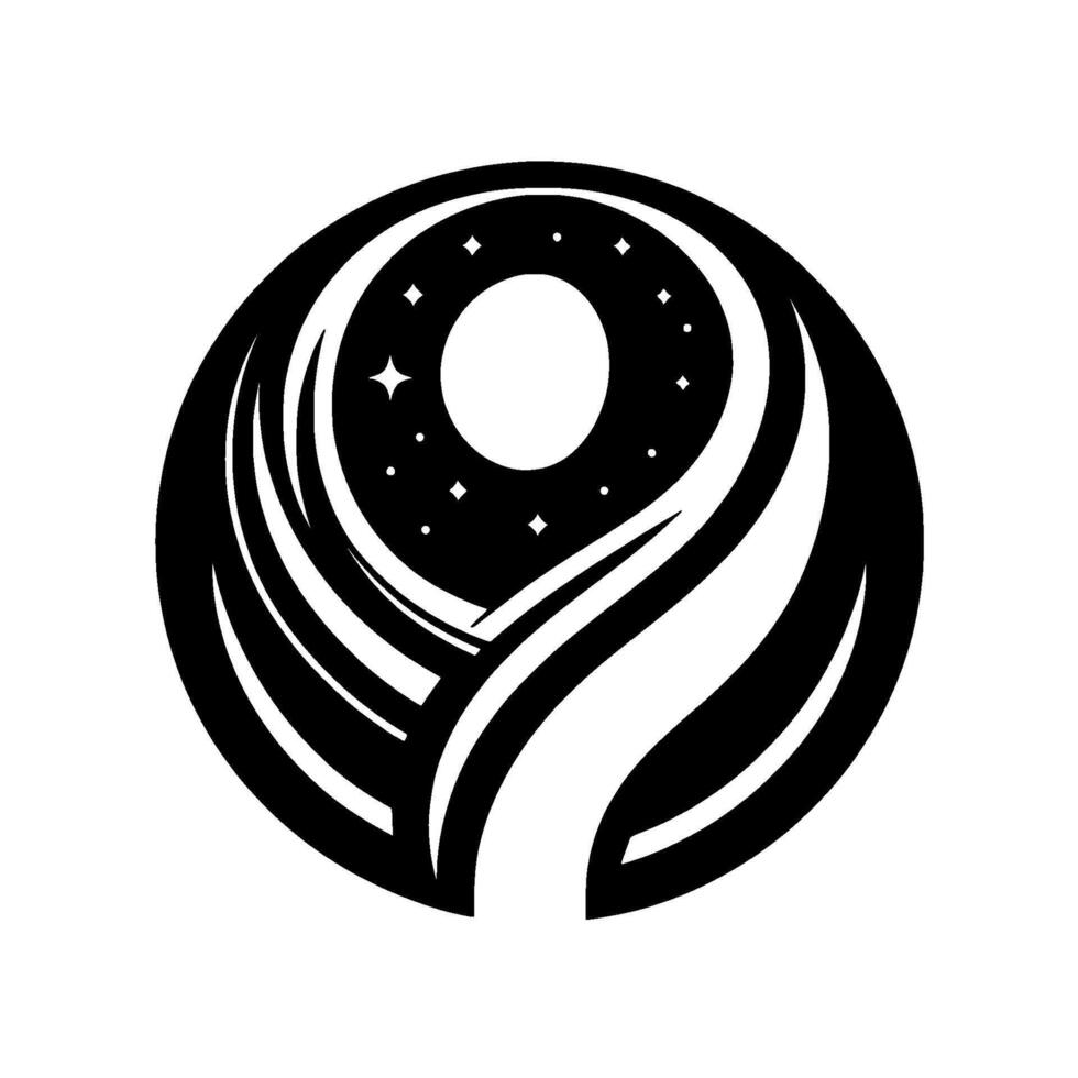 Abstract black and white cosmic emblem within a circular frame, featuring a starry night sky, moon, and flowing lines suggesting a stylized galaxy. vector