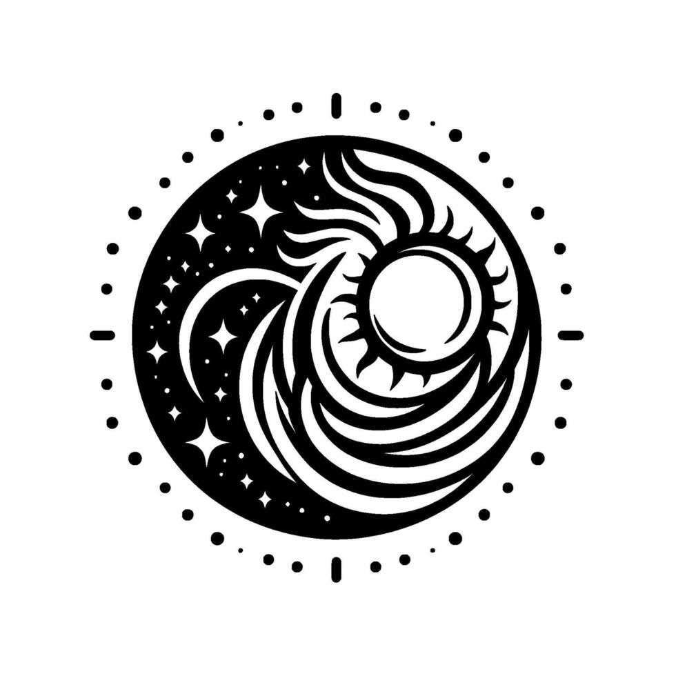 A circular yinyang style illustration in black and white, depicting sun, moon, stars, and waves, with a dotted border, symbolizing balance. vector