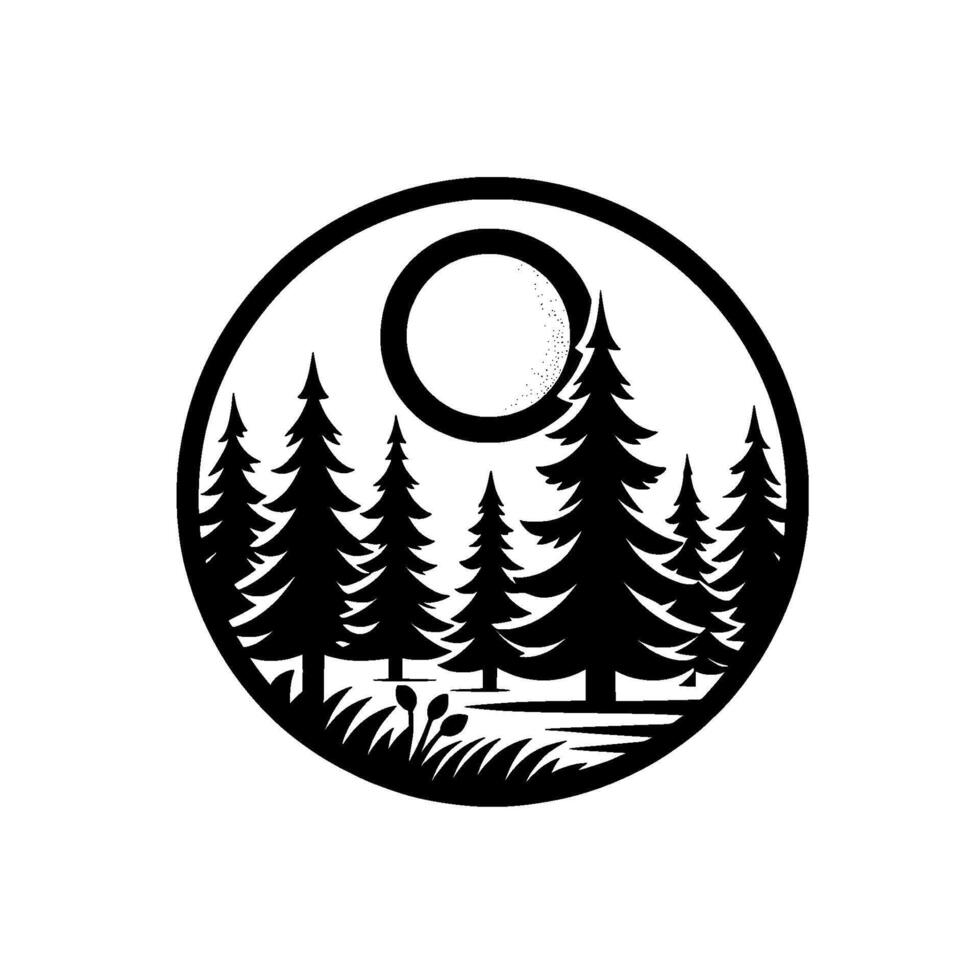 Circular Black and White Illustration Forest Silhouette with a Full Moon in a Circle, minimalist . vector