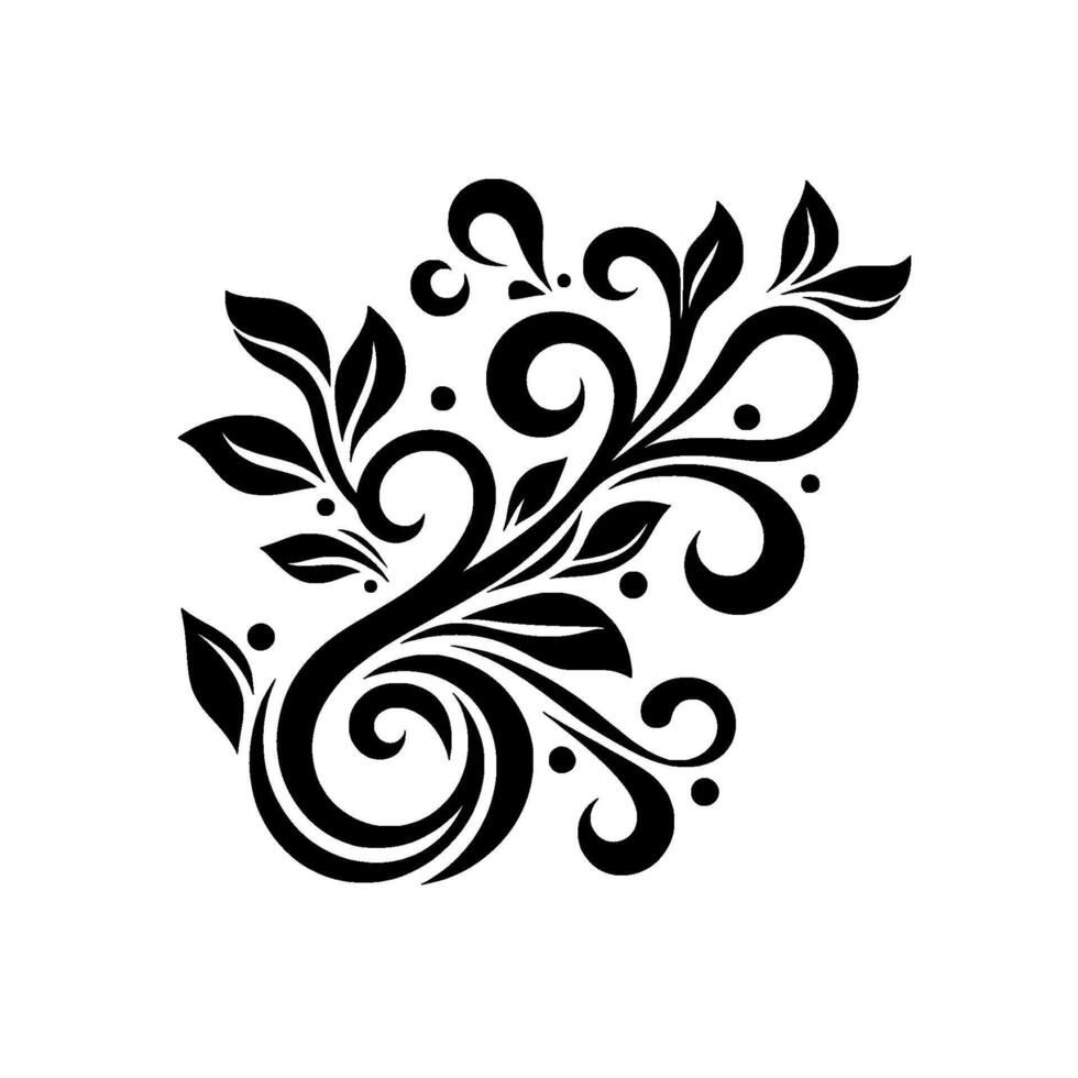 Intricate Black White Floral A Decorative Swirl of Leaves, Curls, and Dots on a White Background. vector