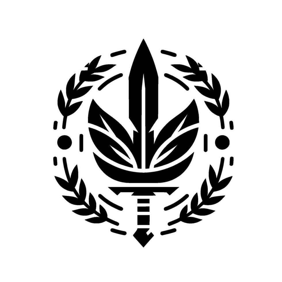 A symmetrical black and white emblem featuring a stylized sword with leaflike elements, encompassed by a laurel wreath and dotted circular elements, on a clean white backdrop. vector
