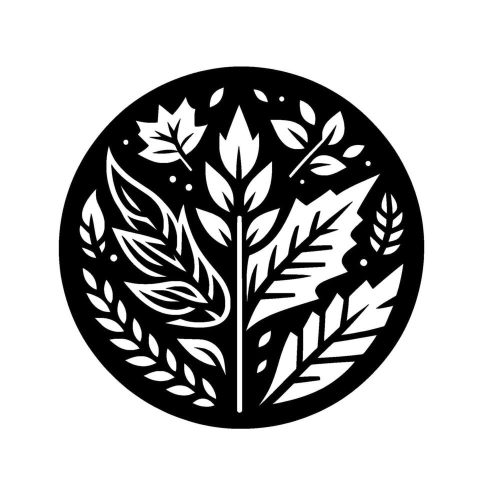 Black and White Botanical Circle Stylized Arrangement of Diverse Leaf Shapes and Sprigs, Symbolic of Natures Diversity and Balance. vector