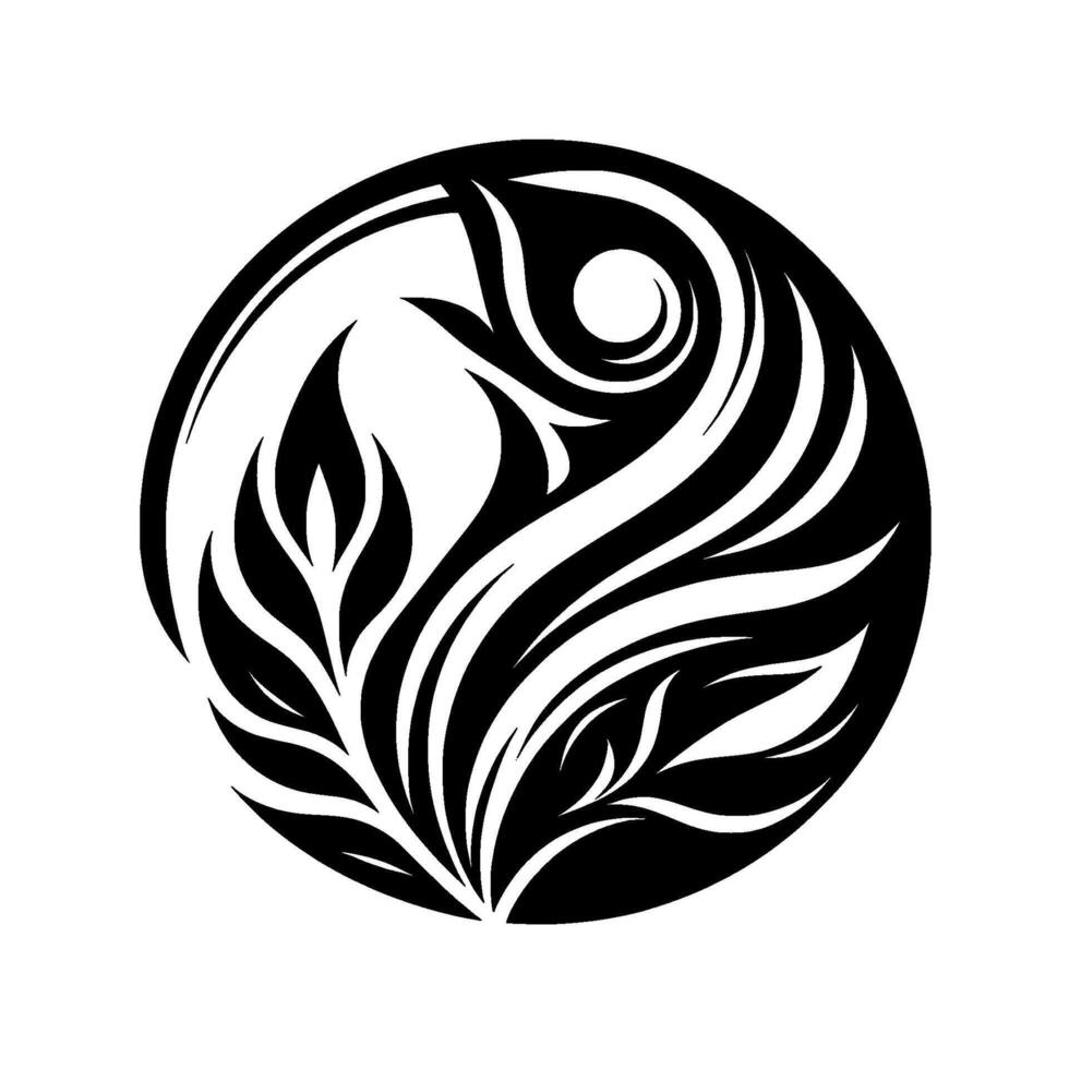 Intricate Black and White Floral Mandala in a Circle, featuring stylized leaves and spiraling patterns against a stark white background. vector