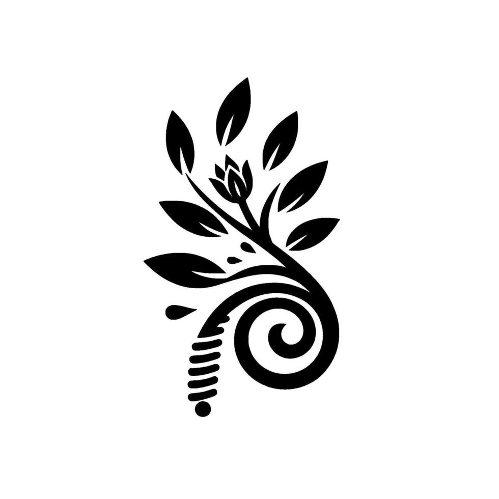 Elegant Black and White Botanical Featuring Leaves, a Bud, Swirls, and Abstract Elements on a White Background. vector
