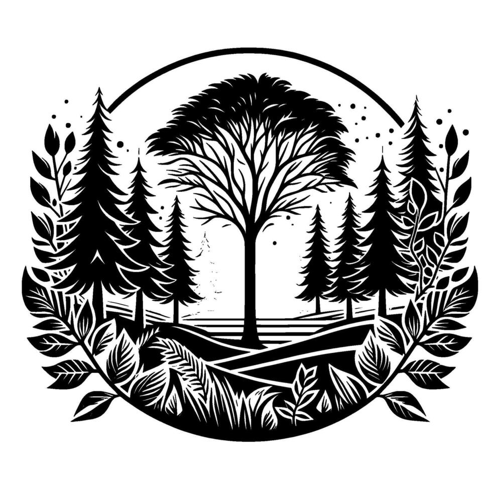 Black and White Forest Scene with Circular Frame A stylized illustration featuring tall trees, a large tree with intricate branches, and surrounding foliage. vector