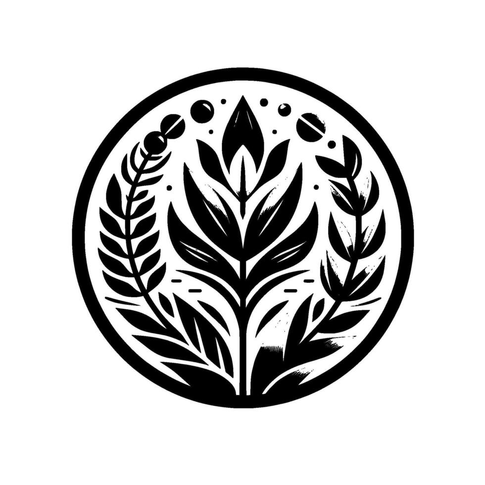 Abstract Black and White Floral Mandala A symmetrical arrangement featuring stylized leaves, branches, and dots enclosed within a circular frame, symbolizing growth and harmony. vector