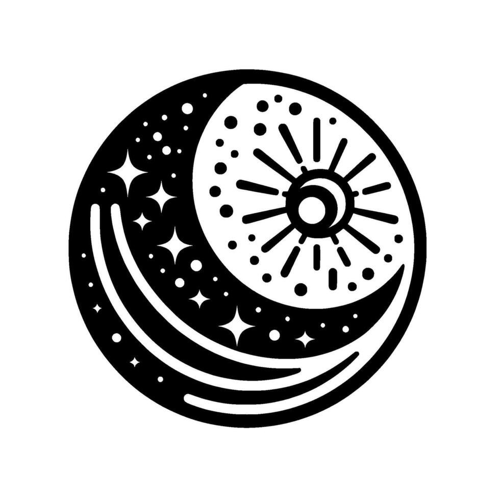 Celestial Harmony Black and White YinYang Circle with Moon, Sun, Stars and Dots. A minimalist cosmic . vector