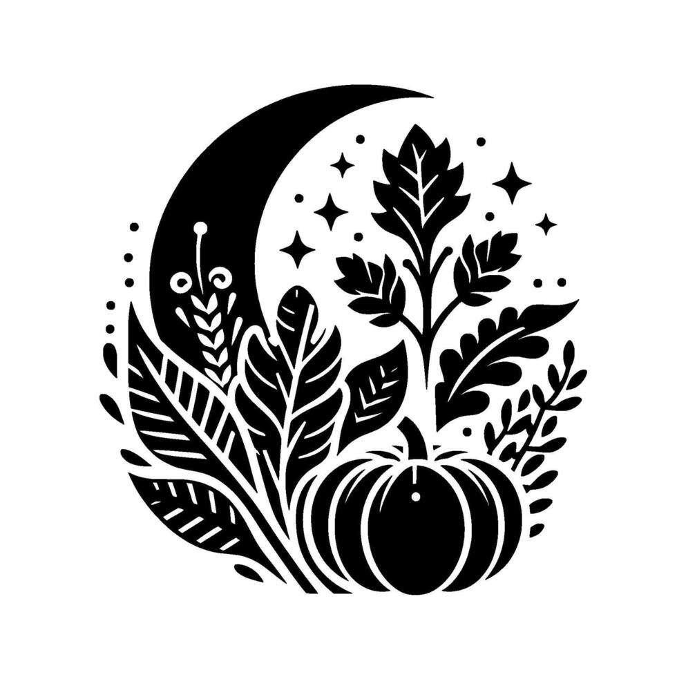 Elegant black and white circular illustration of a crescent moon, pumpkin, leaves, and stars, evoking a fall or harvest theme. vector