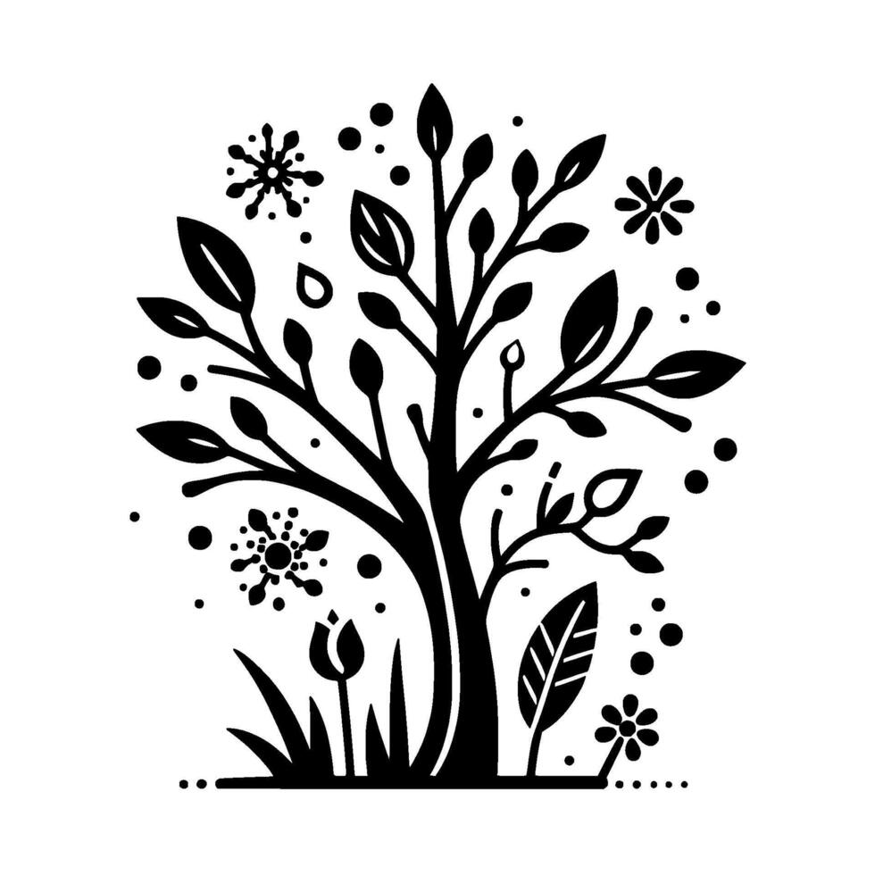 A stylized black and white illustration of a whimsical tree with leaves, snowflakes, flowers, and droplets, evoking a sense of nature and simplicity. vector