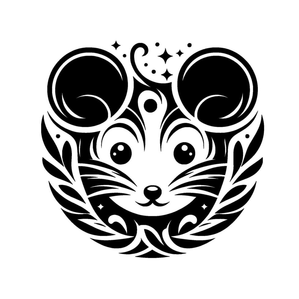 Stylized Black and White Illustration of a Cute Mouse Face with Decorative Ornaments and Star Motifs, Symbolizing Luck vector