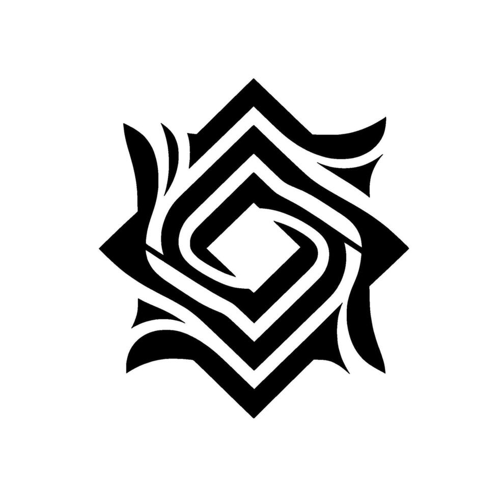 A symmetrical, black and white abstract geometric featuring interlocking diamond and star shapes, with flowing, ornamental details on a clean white background. vector