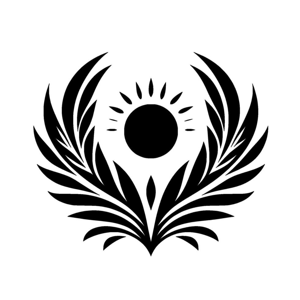 A symmetrical, minimalist black and white illustration featuring a central sunburst enclosed by stylized wings or leaves, creating a sense of balance and harmony. vector