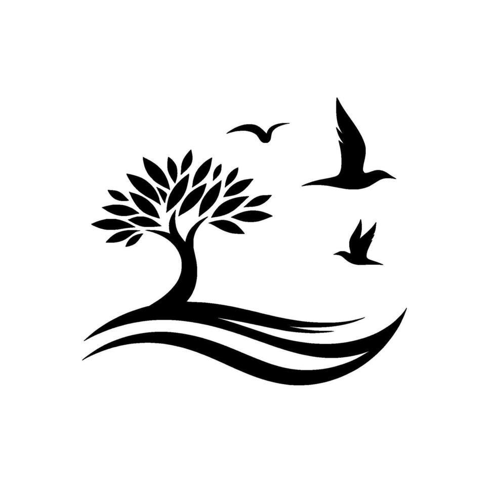 Monochromatic minimalist artwork depicting a stylized tree with lush leaves and swooping stylized landscape with three birds soaring in the sky against a pure white backdrop. vector