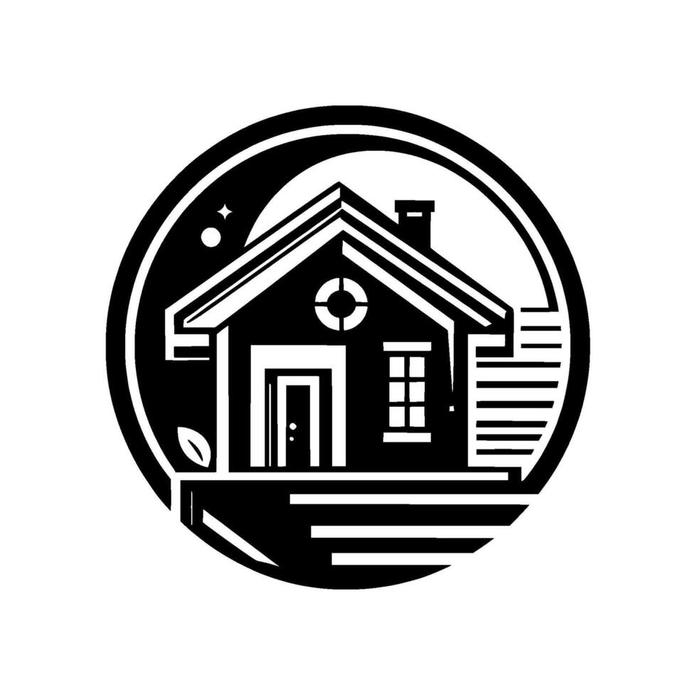 Monochromatic Illustration of a House with a Circular Border, Featuring Geometric Details, Stars and a Leaf. vector