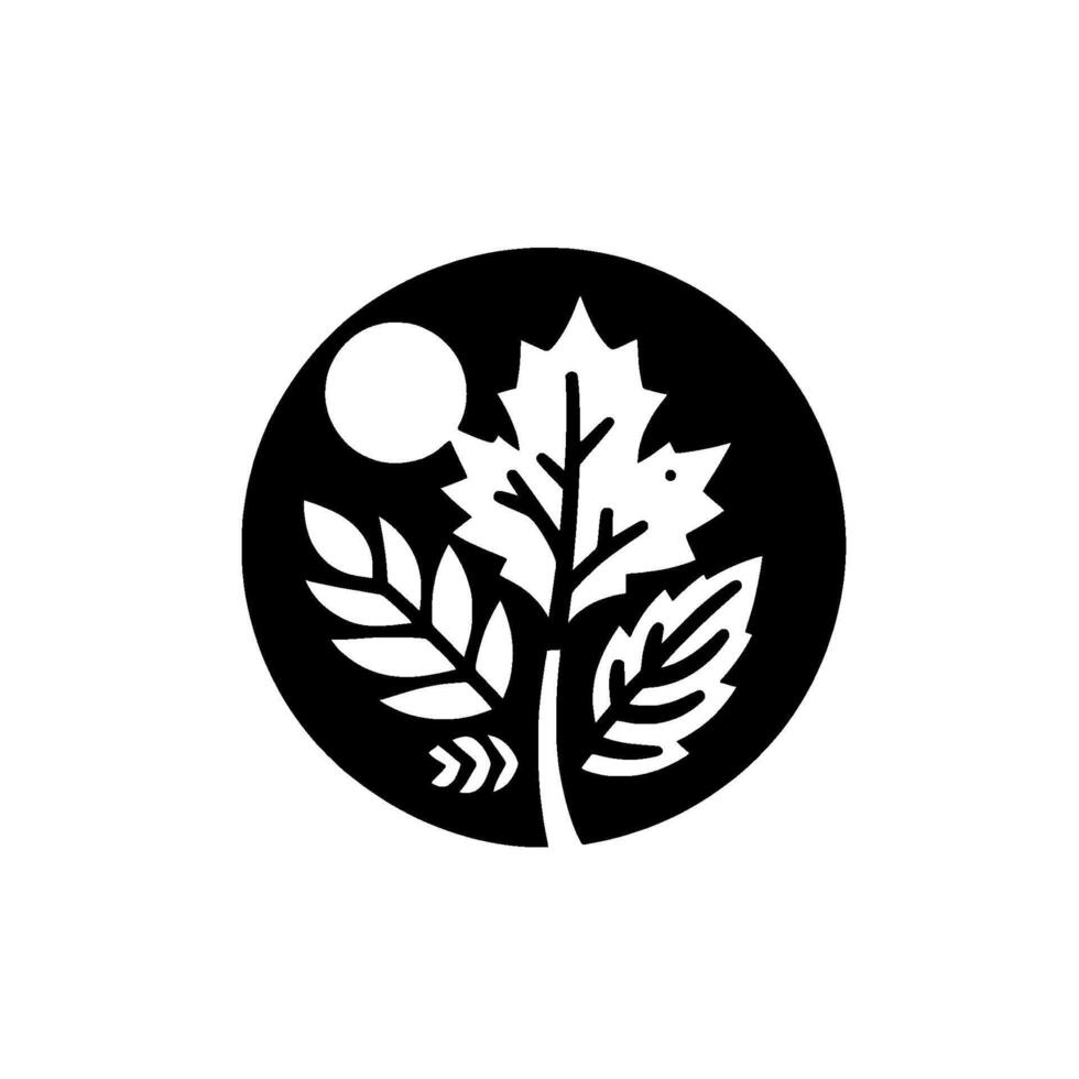 Monochrome Nature Symbolic Black Circle Featuring a Tree with Diverse Leaves and a Sun, Isolated on White. vector