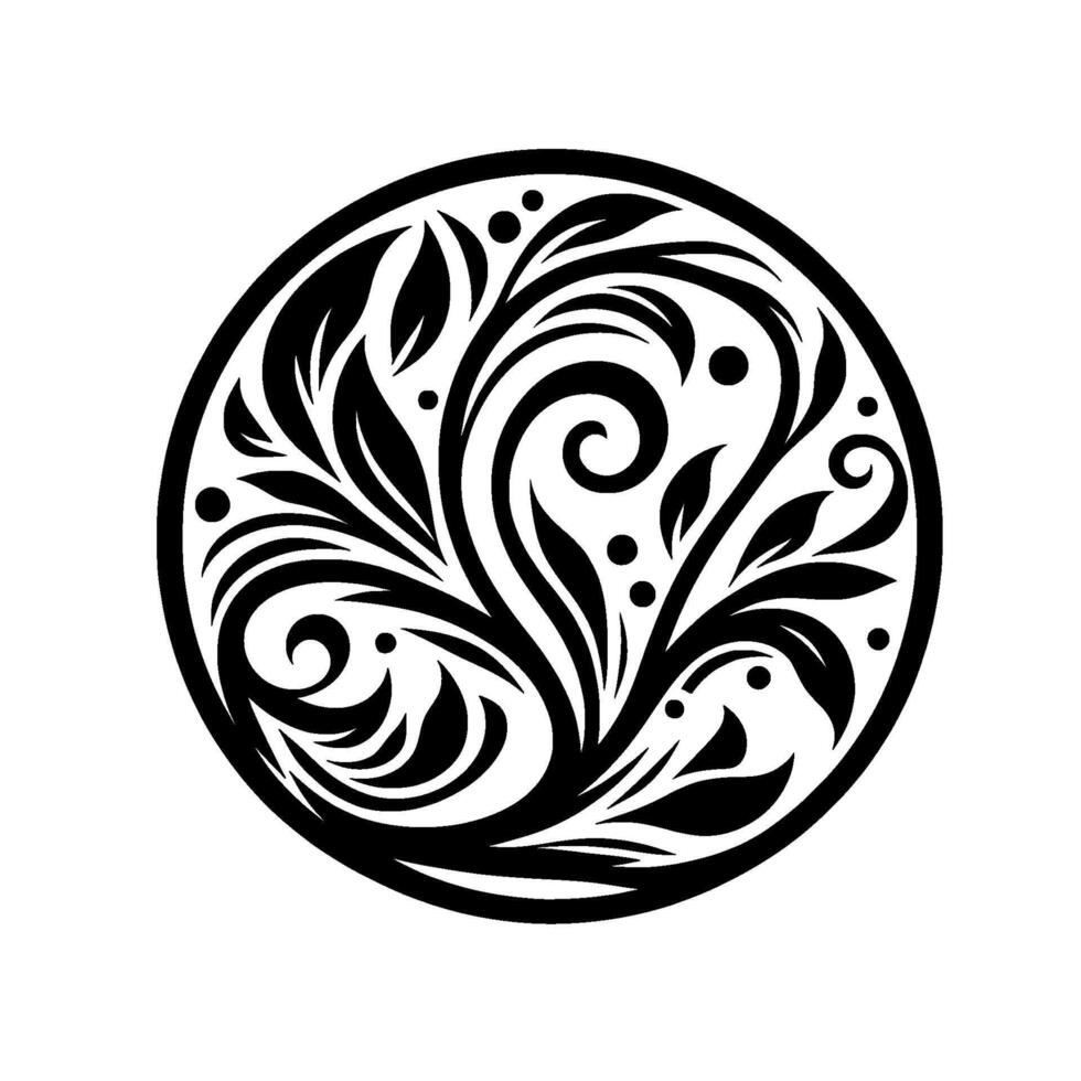 Circular Black and White Floral with Leaf Swirls and Dot Accents on White Background, Elegant Ornament. vector