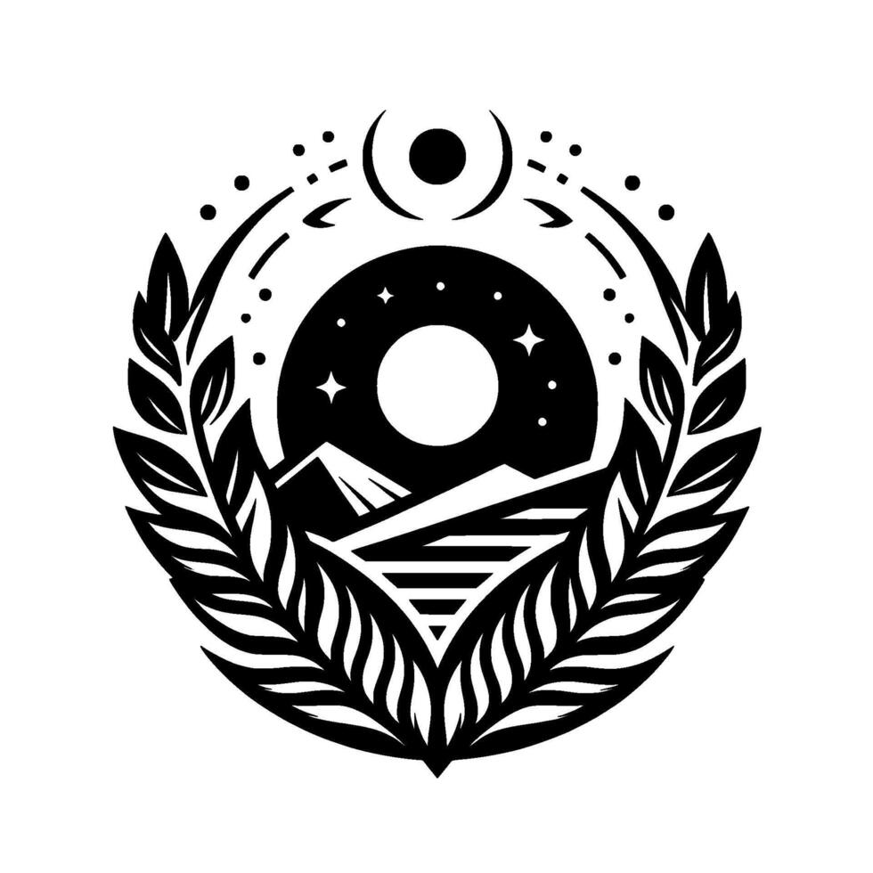 Monochrome Emblem A celestial landscape encapsulated within a laurel wreath, moon, stars, mountains, and stylized leaves. vector